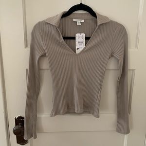 Topshop Taupe Ribbed Long Sleeve Collared Shirt